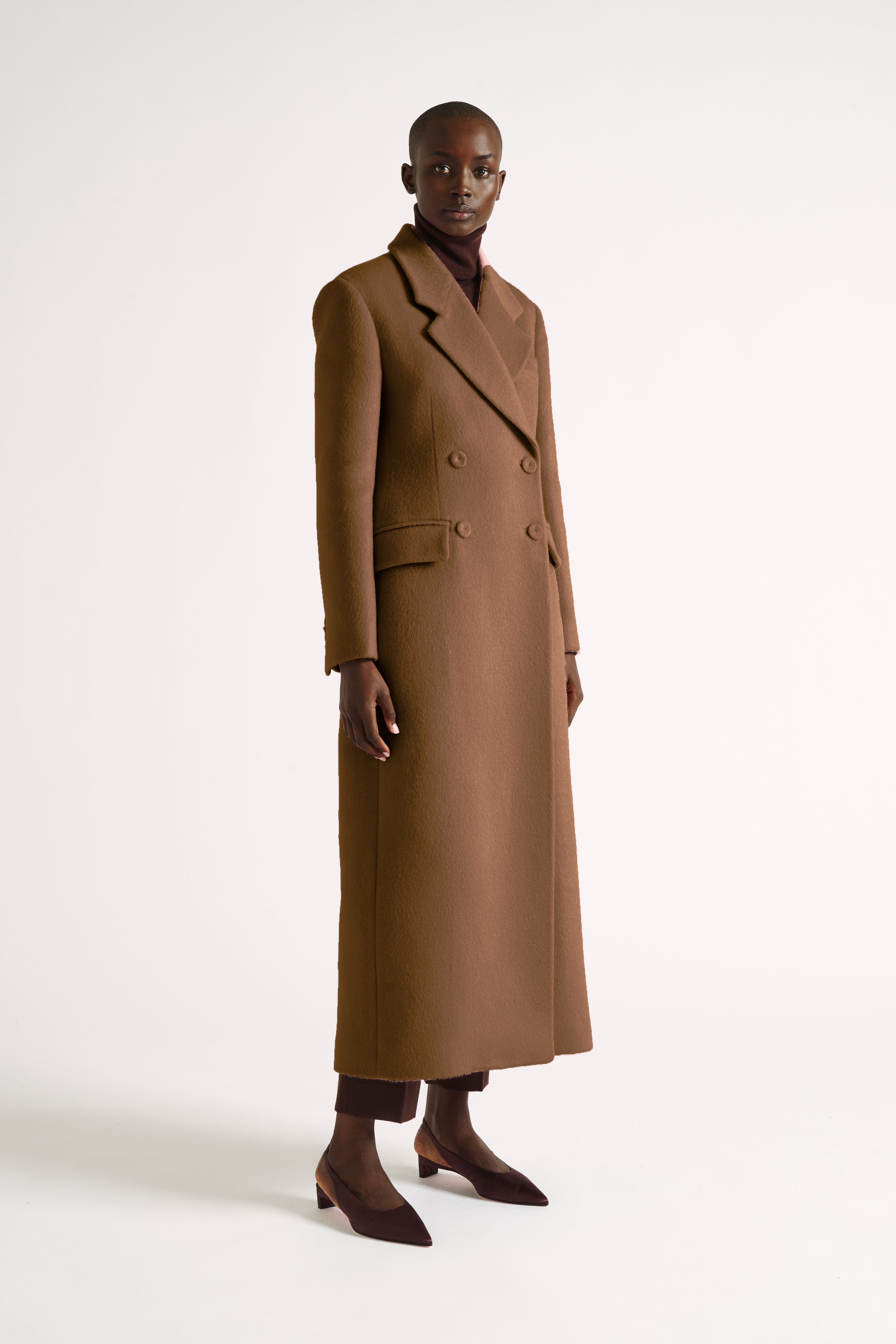 Madalyn Coat | Brown Double Breasted Long Coat in Brushed Mohair