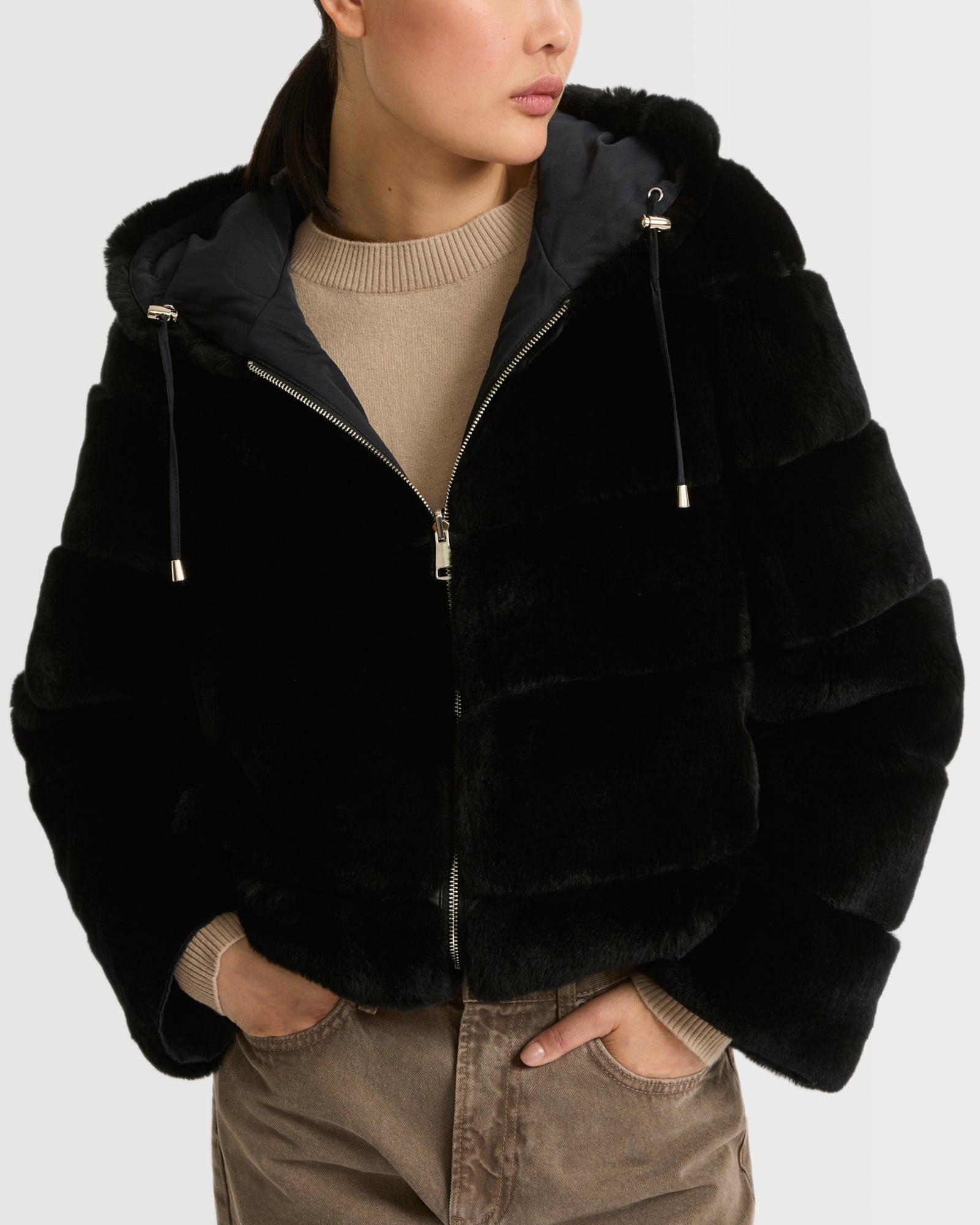 Short reversible parka in rex rabbit fur - black - Winter sale