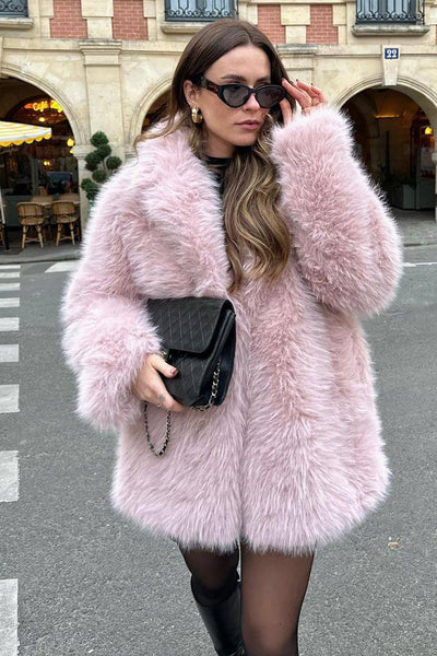 Zapaka Women Pink Open Front Shearling Faux Fur Long Shaggy Coat