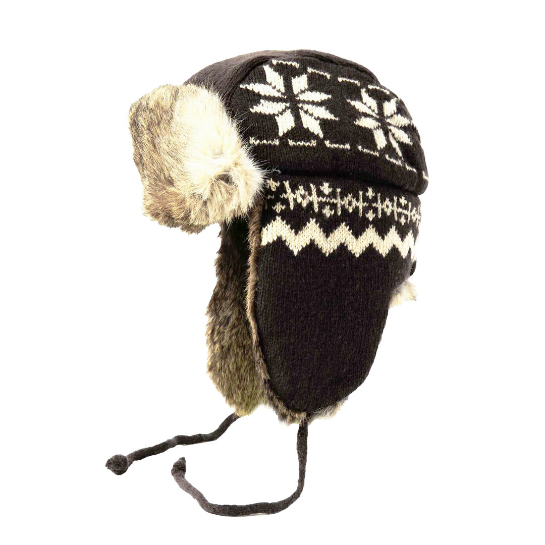 Crown Cap Unisex Lambs Wool Knit Aviator Hat with Real Rabbit Fur