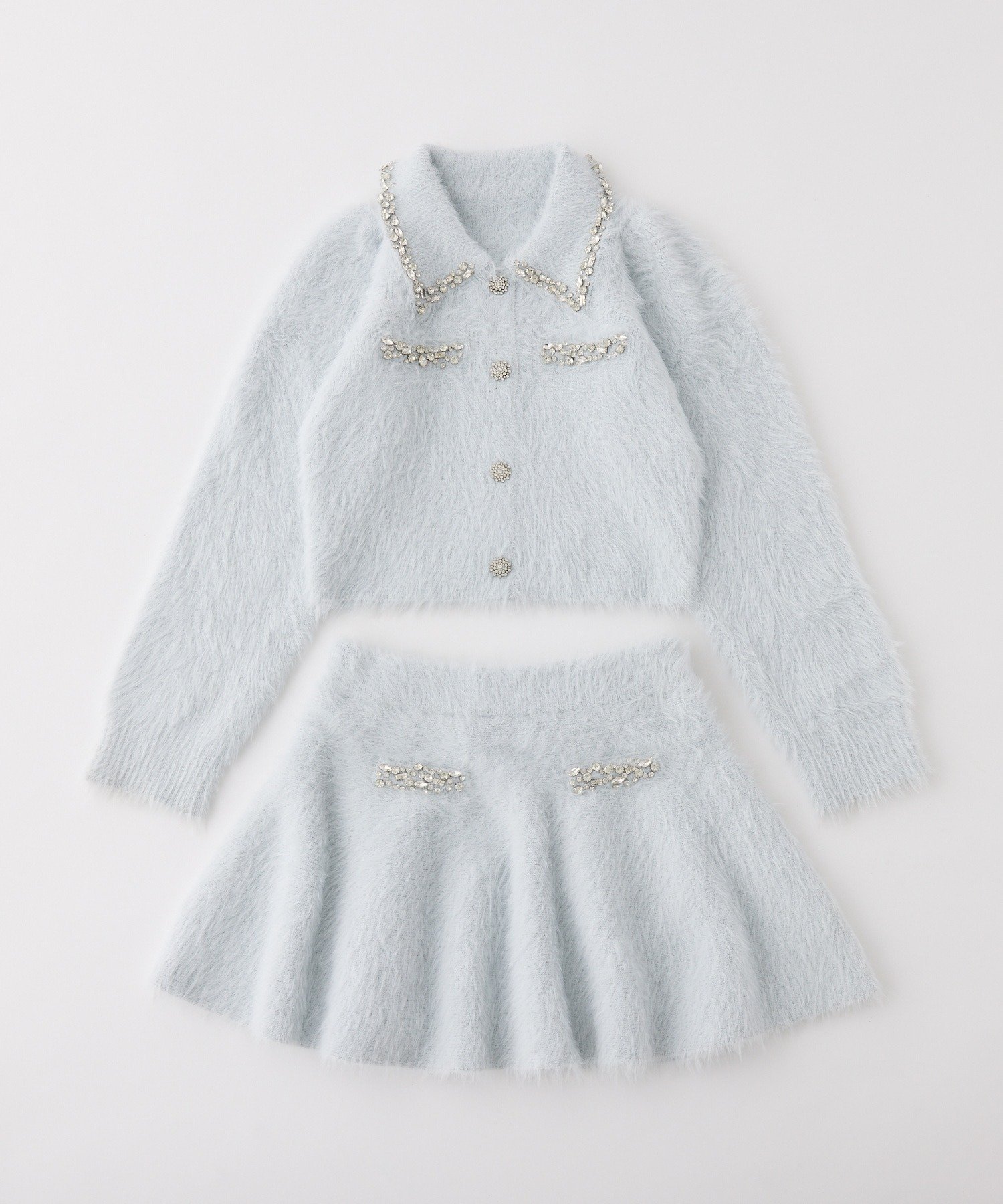 one after another NICE CLAUP｜ビジュー付フェザーニットセットアップ