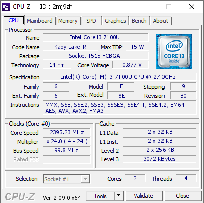Intel Core i3 7100U @ 2395.23 MHz - CPU-Z VALIDATOR