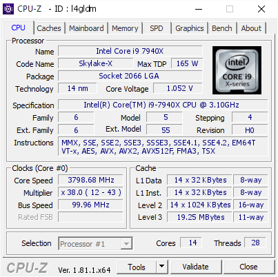Intel Core i9 7940X @ 3798.68 MHz - CPU-Z VALIDATOR