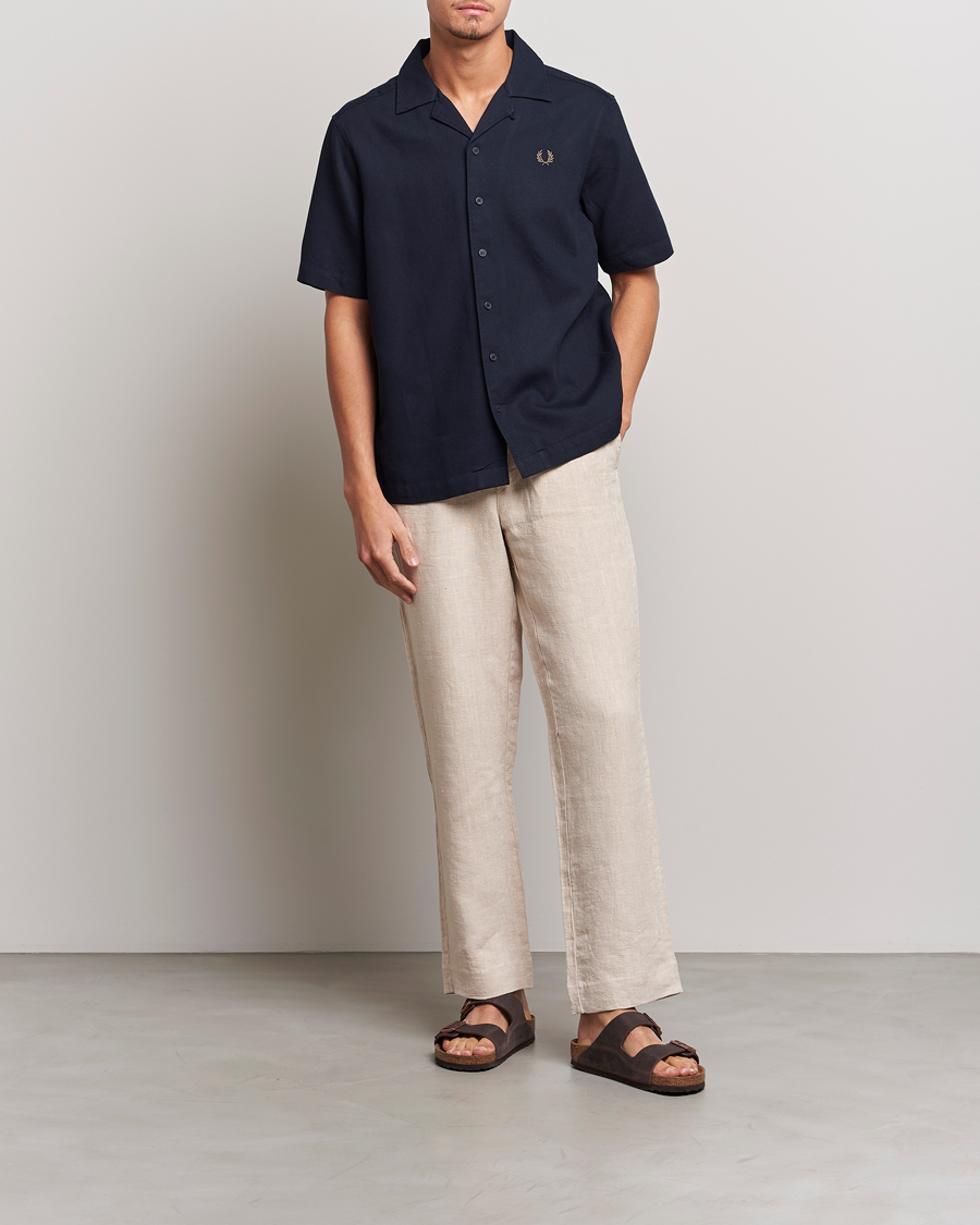 Fred Perry Woven Pique Short Sleeve Linen Shirt Navy at CareOfCarl.com
