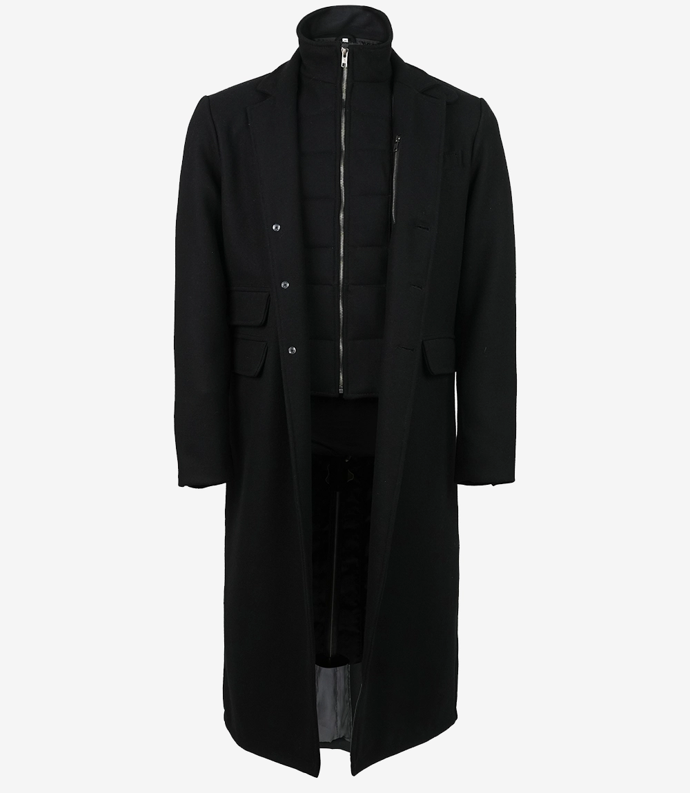 Men's Black Wool Overcoat with Detachable Wool Vest