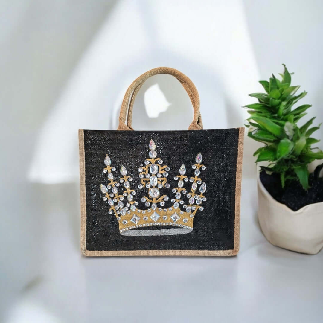 Black & Gold Crown Tote Bag on Black Jute | Queen & Princess Tote
