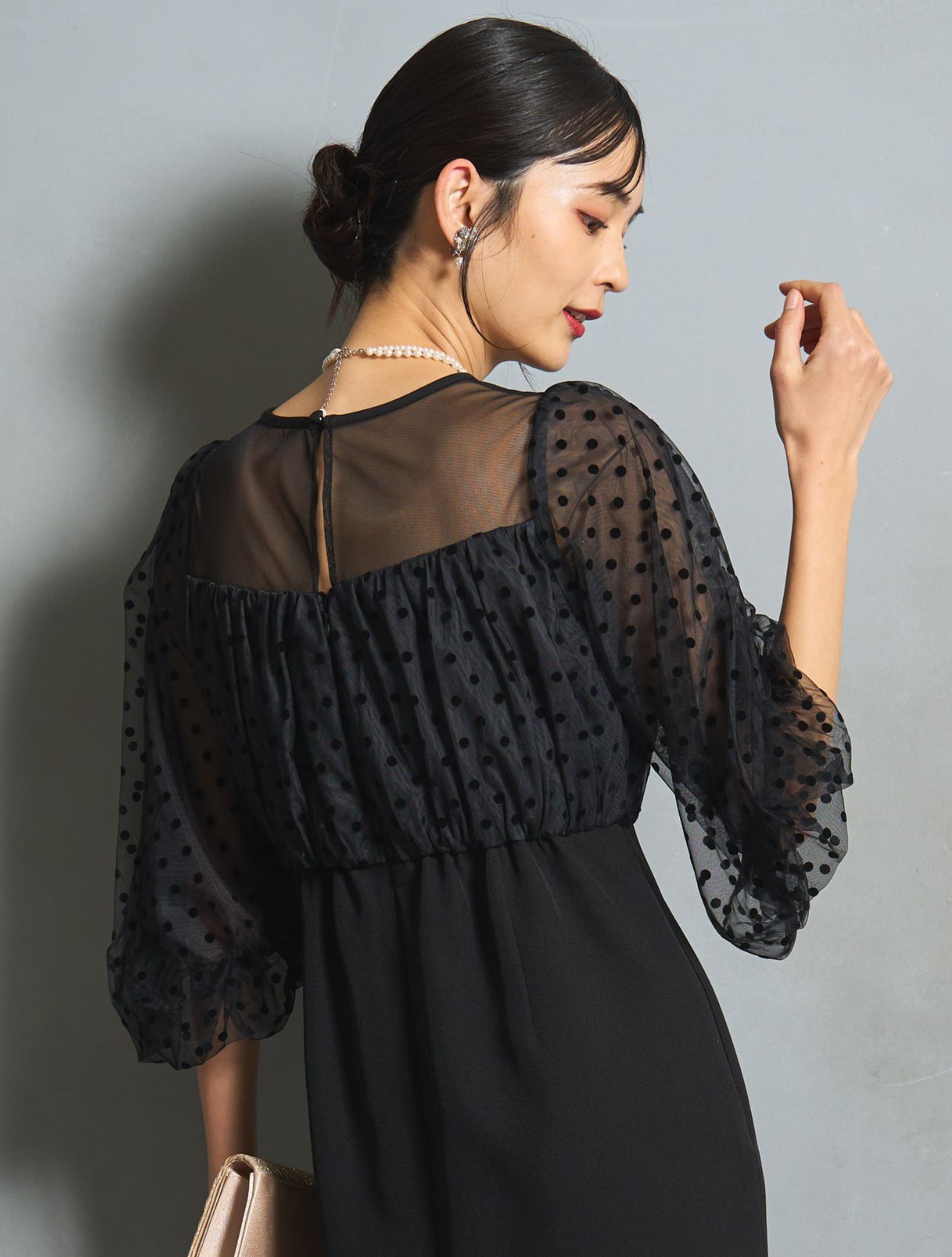 M】フロッキードットペンシルロングドレス（ブラック）DPSET0751の