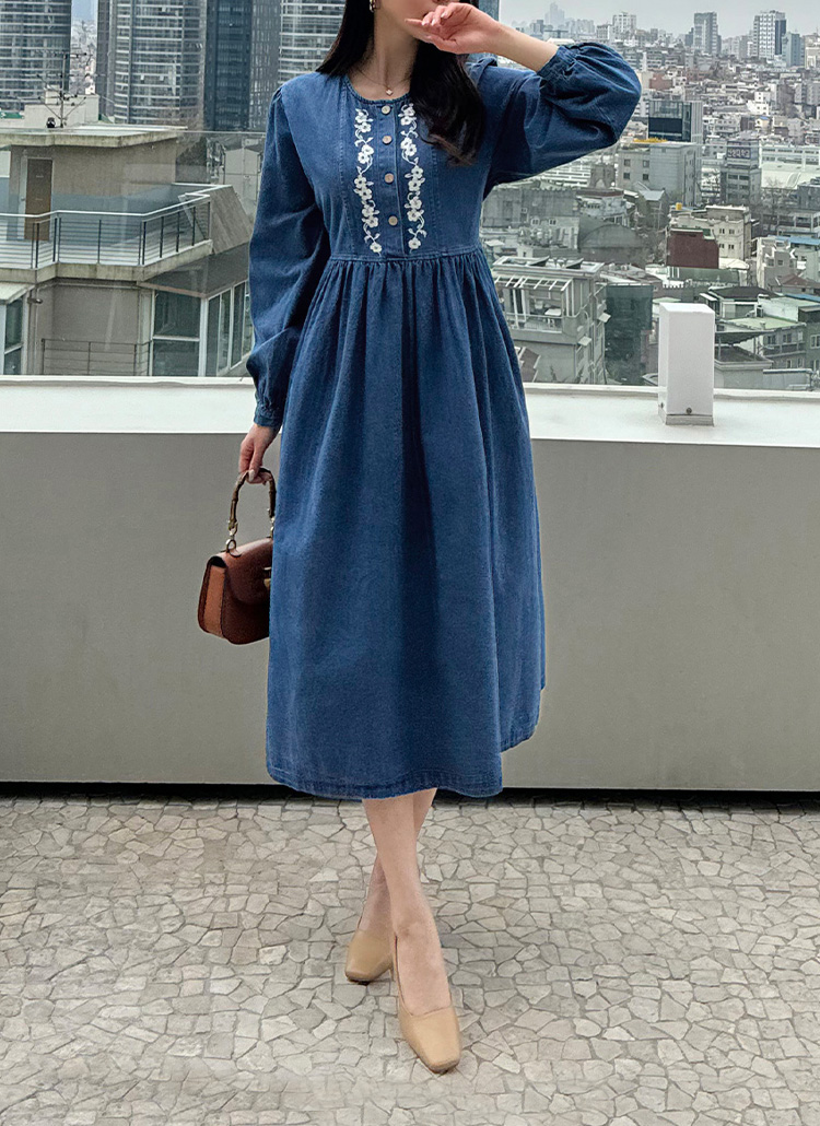 花柄刺繍ハーフボタンデニムワンピース | レディースファッション通販