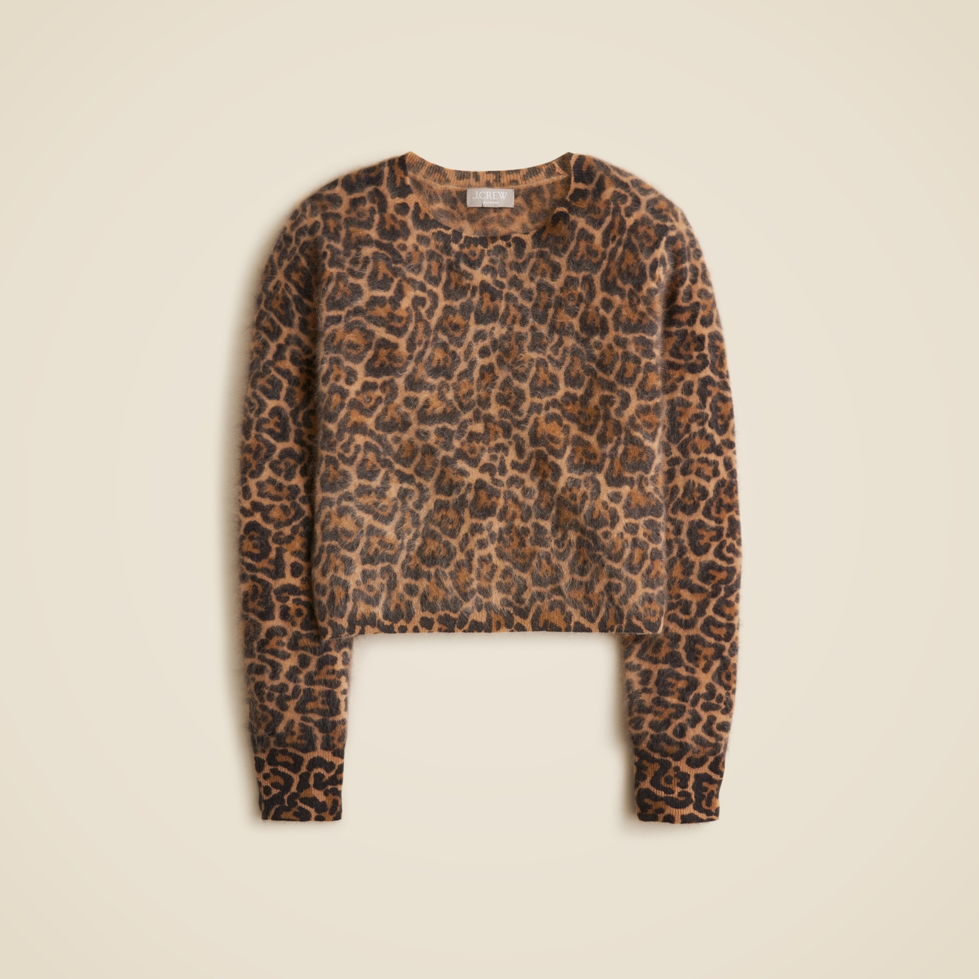 Brushed Cashmere Shrunken Crewneck Sweater In Leopard Print For