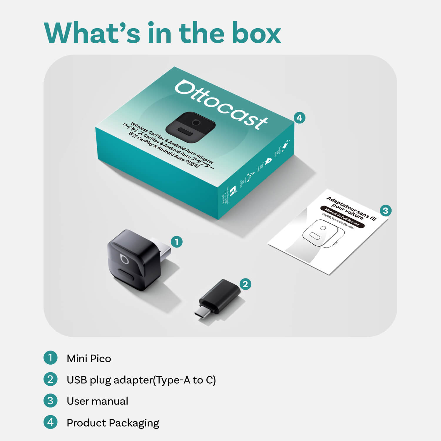 Ottocast Mini Pico Wireless CarPlay Android Auto Adapter Ultra Small