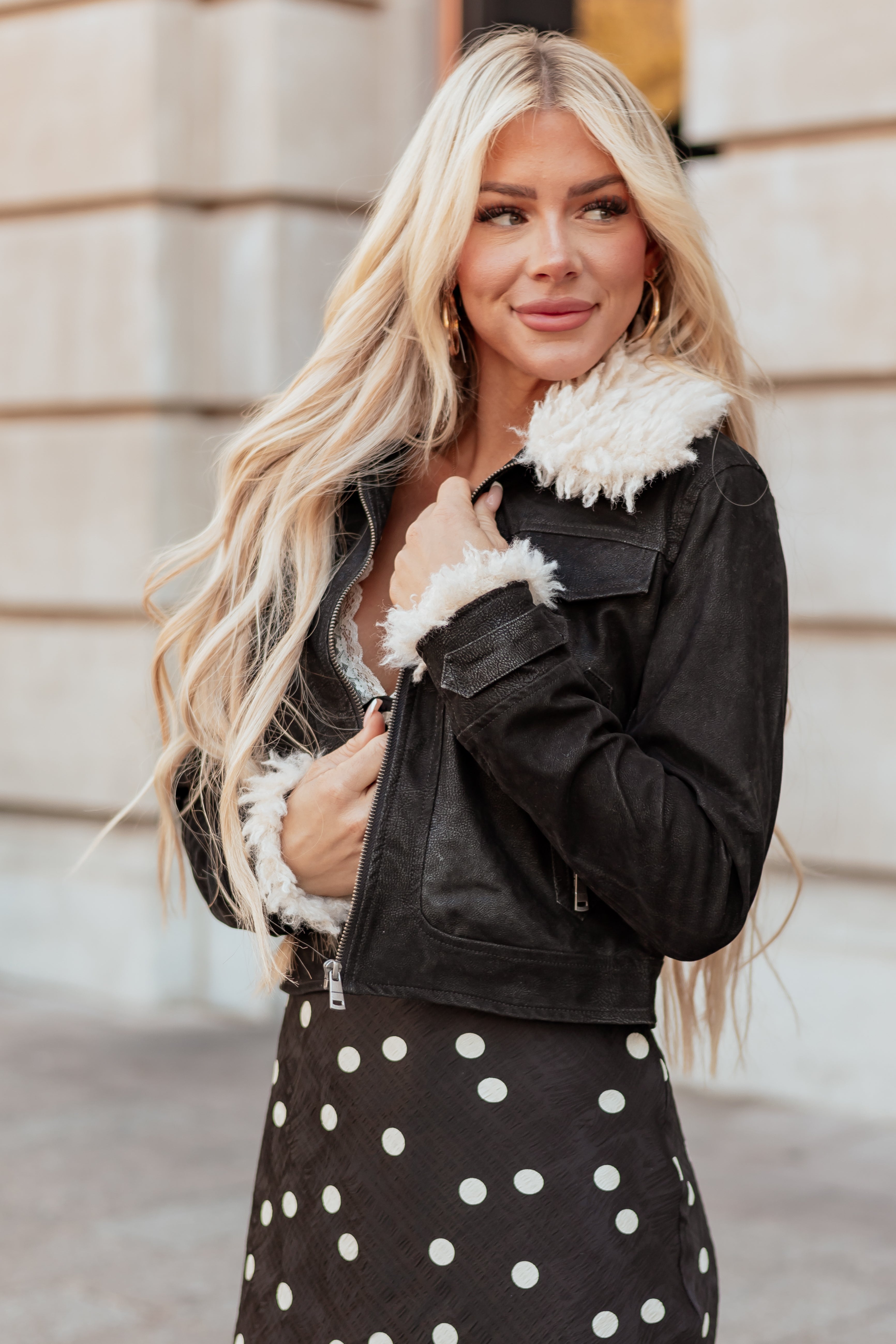 Black Faux Leather Zip Up Sherpa Aviator Jacket | Lime Lush Boutique
