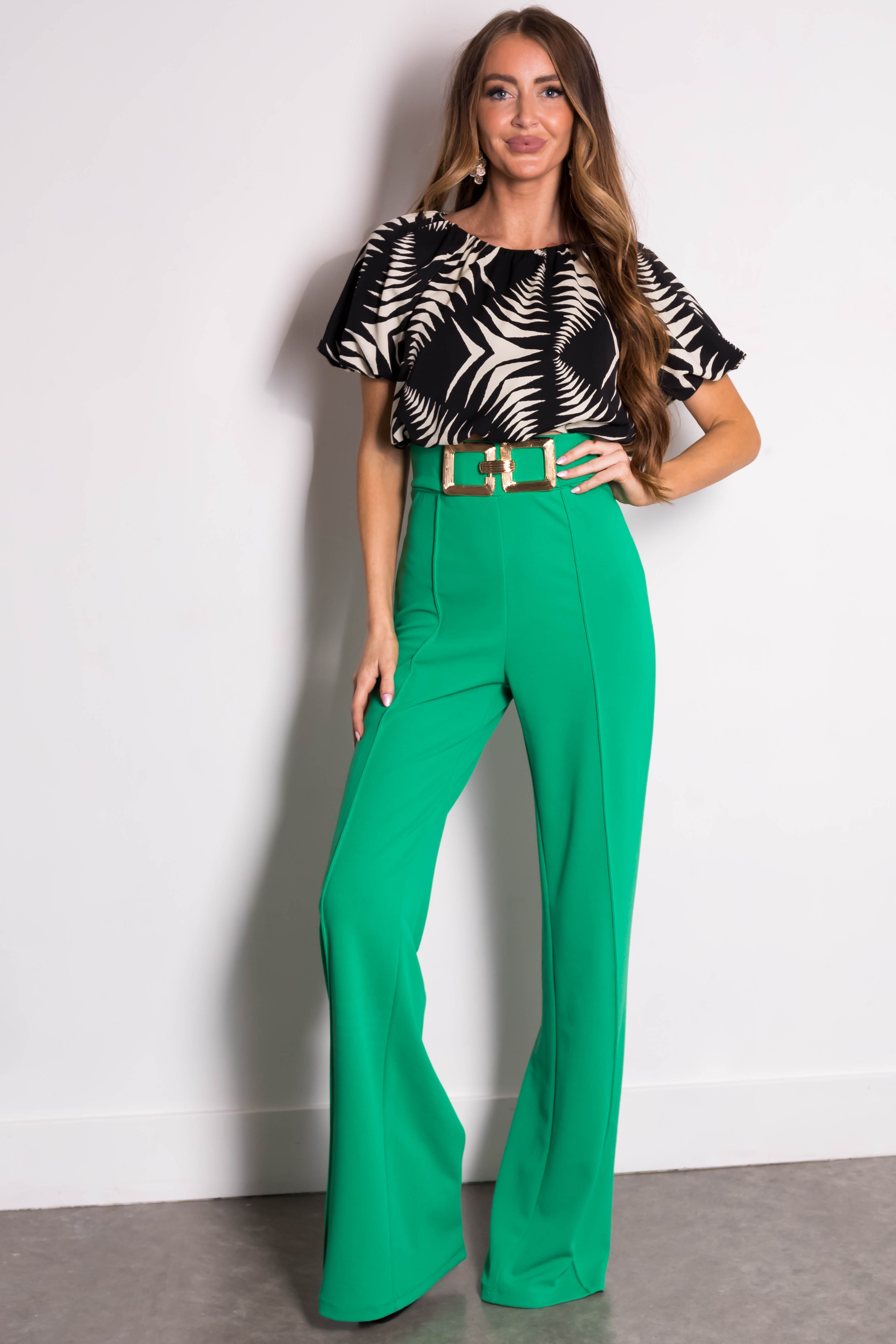 Kelly Green Gold Buckle Wide Leg Pants | Lime Lush Boutique