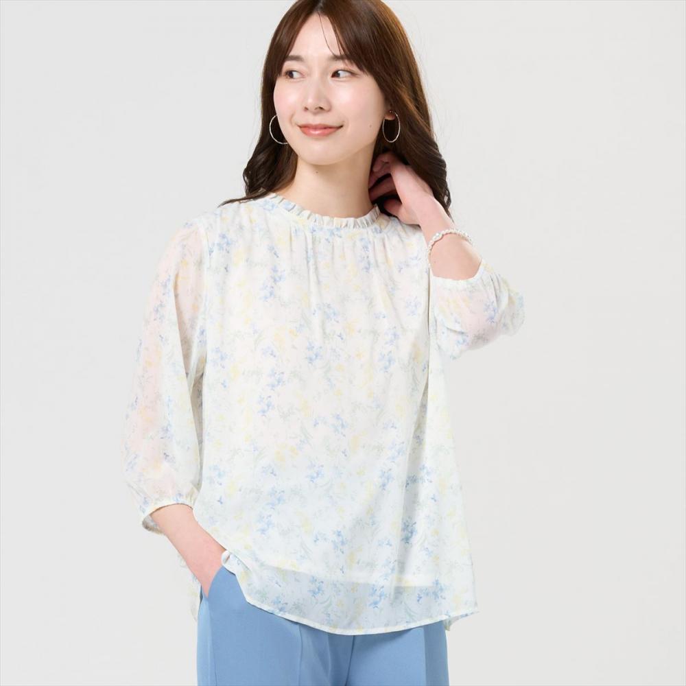 ボタニカル柄シフォンブラウス 七分袖 レディース(M ブルー): 東京