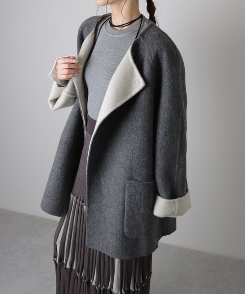ノーカラーコート コート scarf double face wool coat /マフラー付き