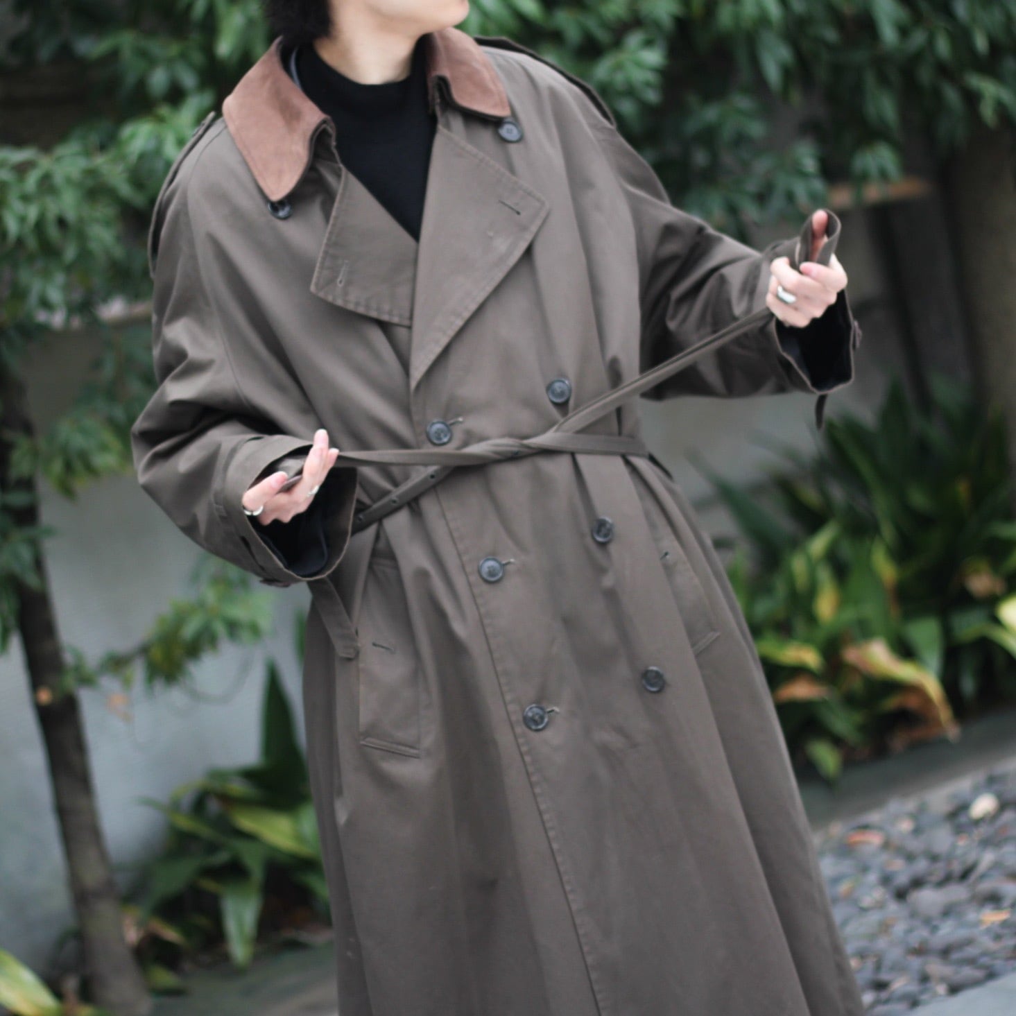 1990's Pierre Cardin オリーブ×ブラウン 襟レザー スムース オーバー