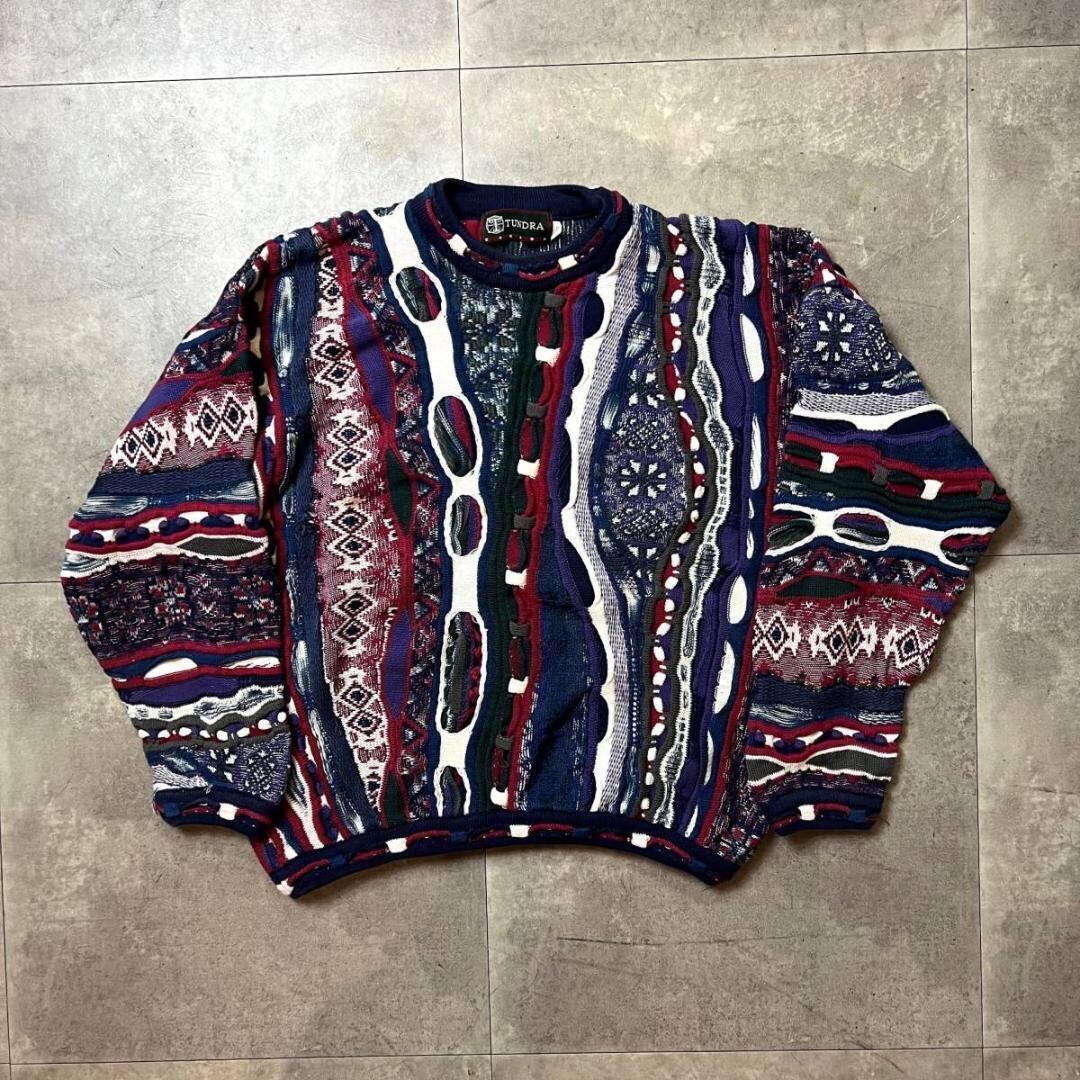 90's TUNDRA 3D Knit Sweater XL In Purple Multi / 90s カナダ製