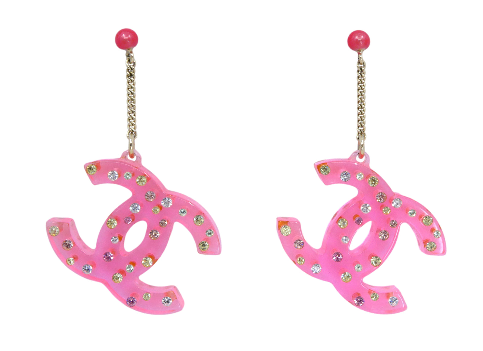 Chanel Vintage 04A Pink Clear Resin CC Logo Crystal Studded Drop