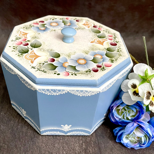 No.craft-14129/トールペイント「蓋付花柄八角ボックス」16.5cm その他