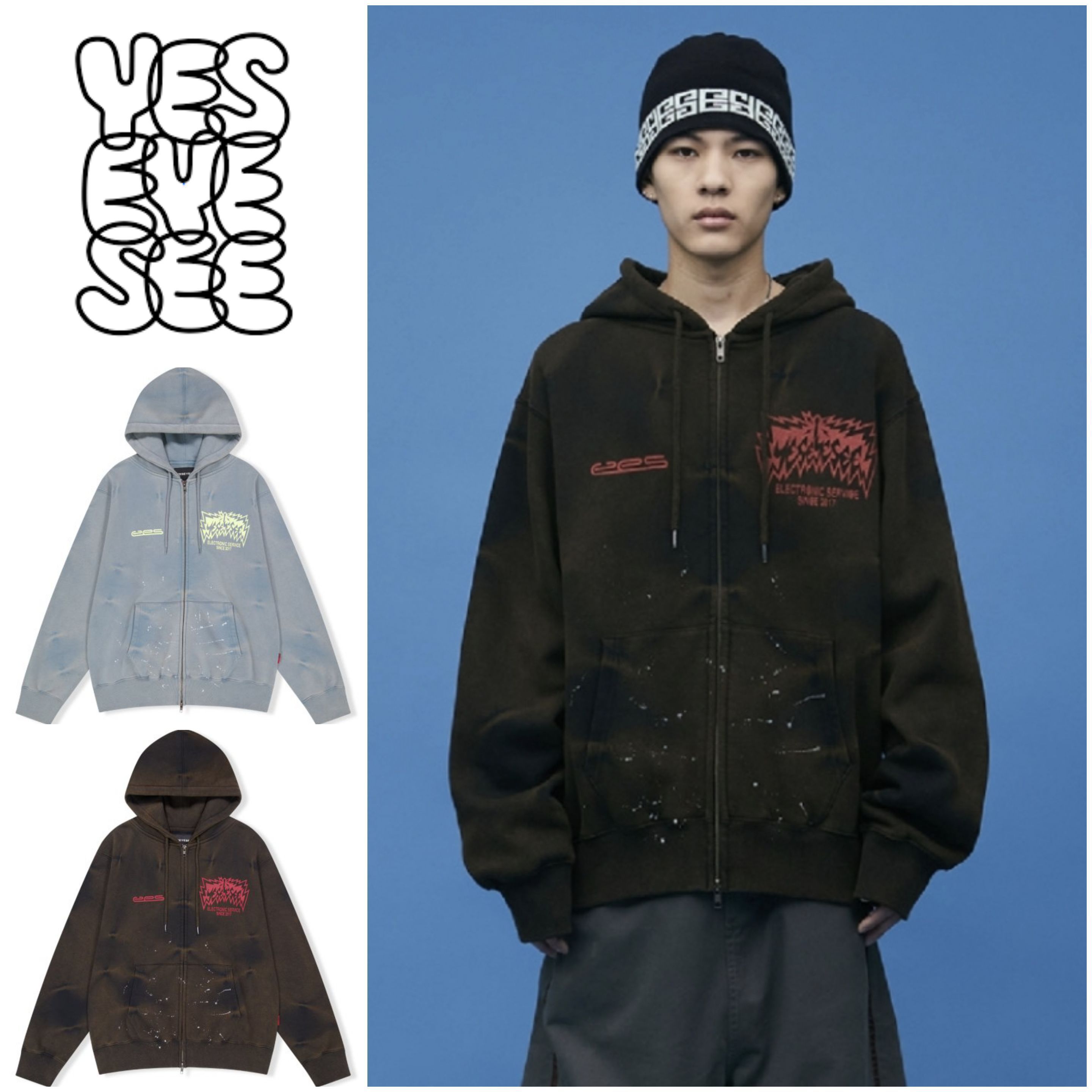 さらに100円引き◇YESEYESEE◇Y.E.S Painted Zip-up Hoodie (YESEYESEE