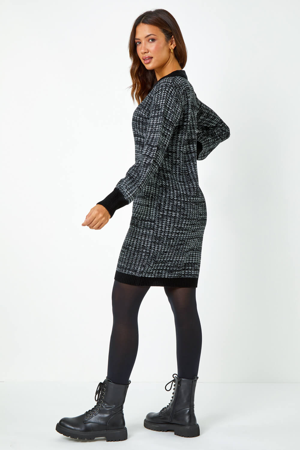 Charcoal Collared Knitted Jumper Dress | Roman UK