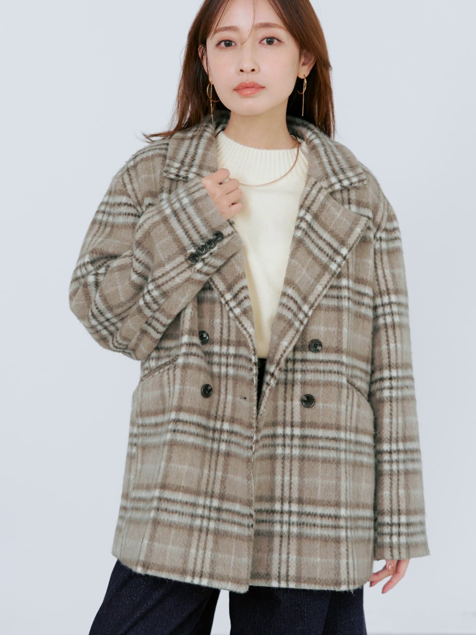 ウールシャギーチェックダブルコート | 小柄・低身長女性向け