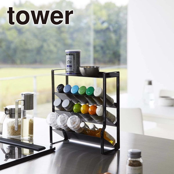 tower】スリムスパイスラック タワー 4段 (ブラック): 周辺小物