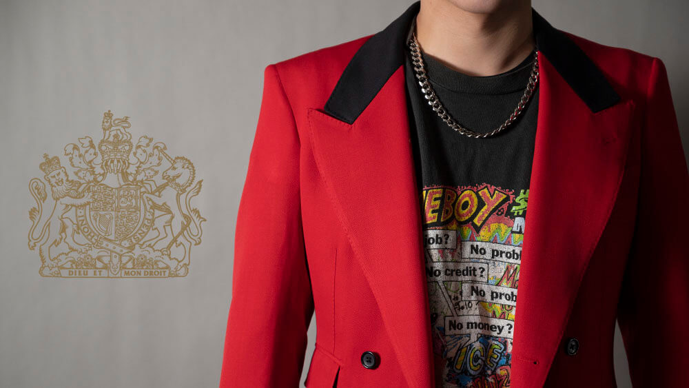 HARDY MINNIS “SUPER GABARDINE” 美しい発色の赤いダブルスーツ