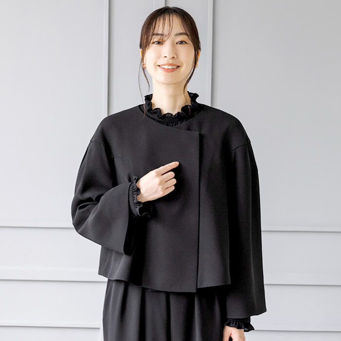 洗える｜ノーカラーのボレロジャケット L・ブラック｜東京ソワール