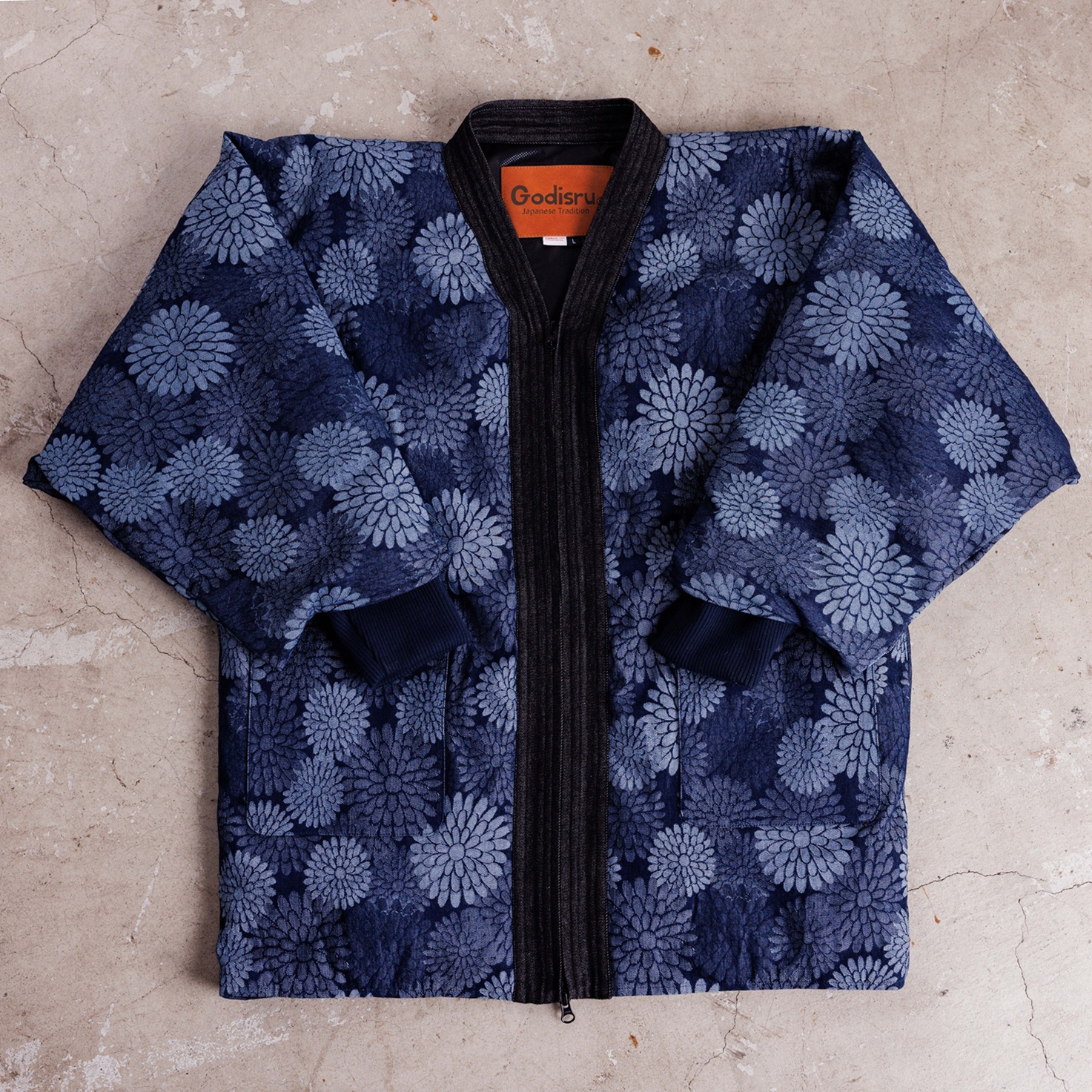 寒風寒波上等デニム半纏（ハンテン）菊柄NAVY ジャガード | Godisru