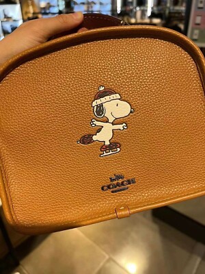 COACH X PEANUTS LUNCH PAIL Snoopy Ice Skate Motif Brown Leather