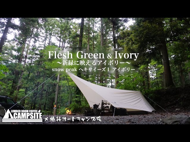 新緑に映えるsnow peak ヘキサイーズ1アイボリー in 椿荘オート