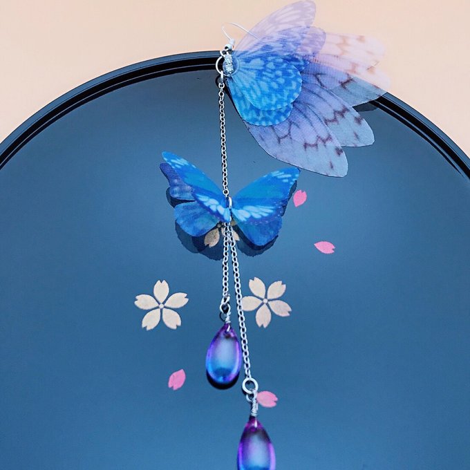蝶々 片面イヤリング ピアス モルフォ蝶 花火 シフォン 花嫁