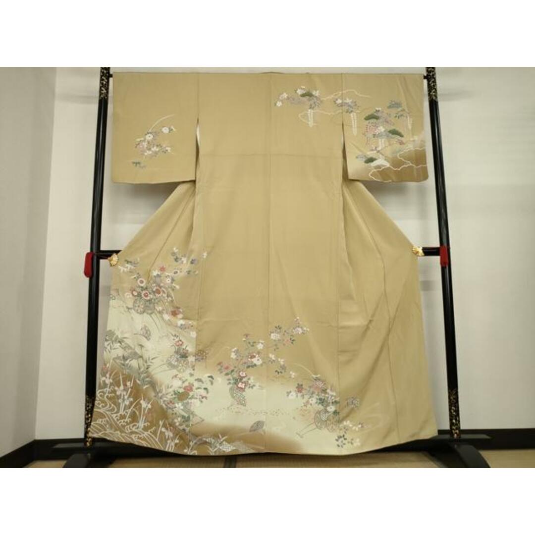 京友禅 染め分け 金銀彩 四季の花々 訪問着 正絹 緑 薄緑 白 967 【