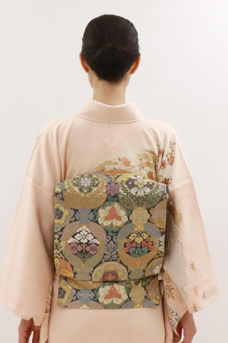 銀座【L-7894】西陣製 袋帯 グレー系 華文（落款入） - 銀座きもの青木