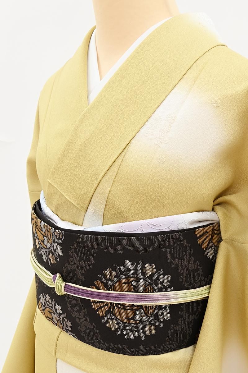 銀座【H-0823】西陣 帯屋捨松製 織名古屋帯 黒色 ザクロ花文（証紙付