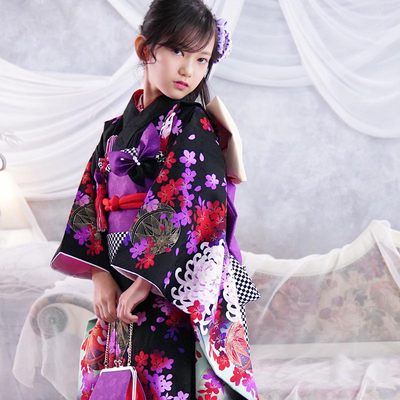 京都瑠璃雛菊 七五三 着物 7歳 フルセット 購入 販売 黒 『凛』 四つ身