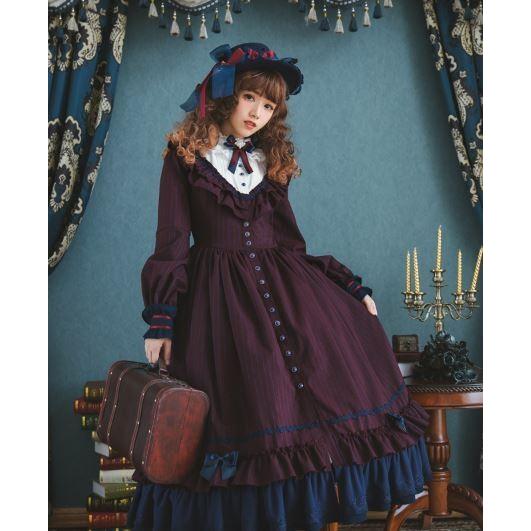 ロリータ服 ストライプ編み上げ ワンピース3色 クラシカル リボン