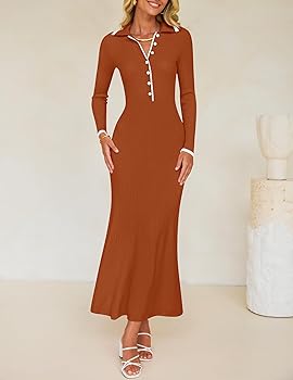 ZESICA Women's Long Sleeve Sweater Dress 2026 Fall V Neck Ribbed