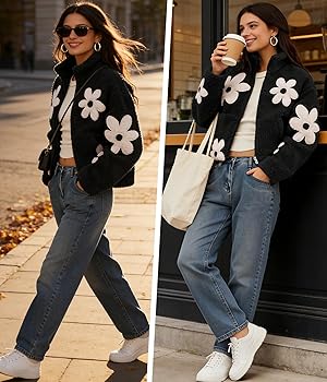 Maixang Womens Floral Print Sherpa Fleece Jackets Winter Zipper