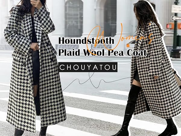 Amazon.com: chouyatou Women's Houndstooth Wool Trench Coat Notch