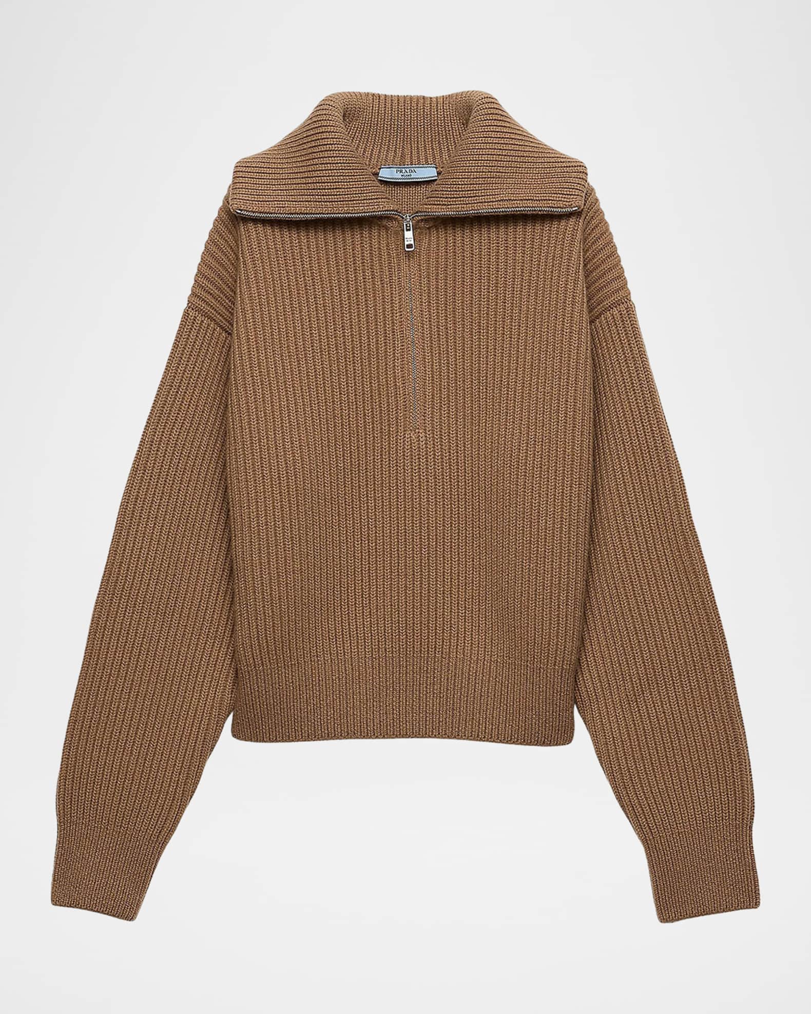 Prada Cashmere Ribbed Elbow-Patch Quarter-Zip Sweater | Neiman Marcus