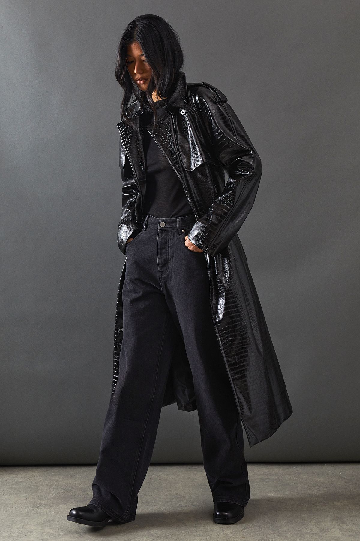 Jackets & Coats | Croc Faux Leather Belted Trench Coat | Warehouse