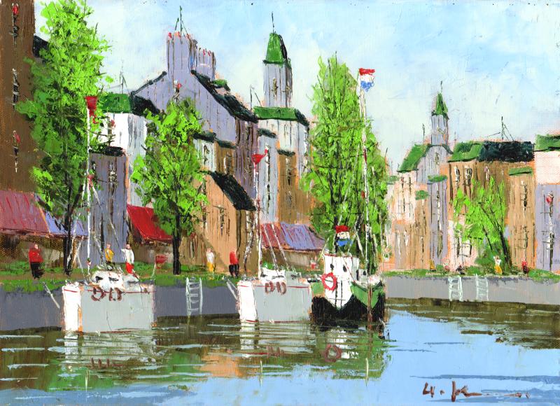 油絵の絵画で黒沢久が描いたオランダの風景画の油絵「河畔の街」を通販