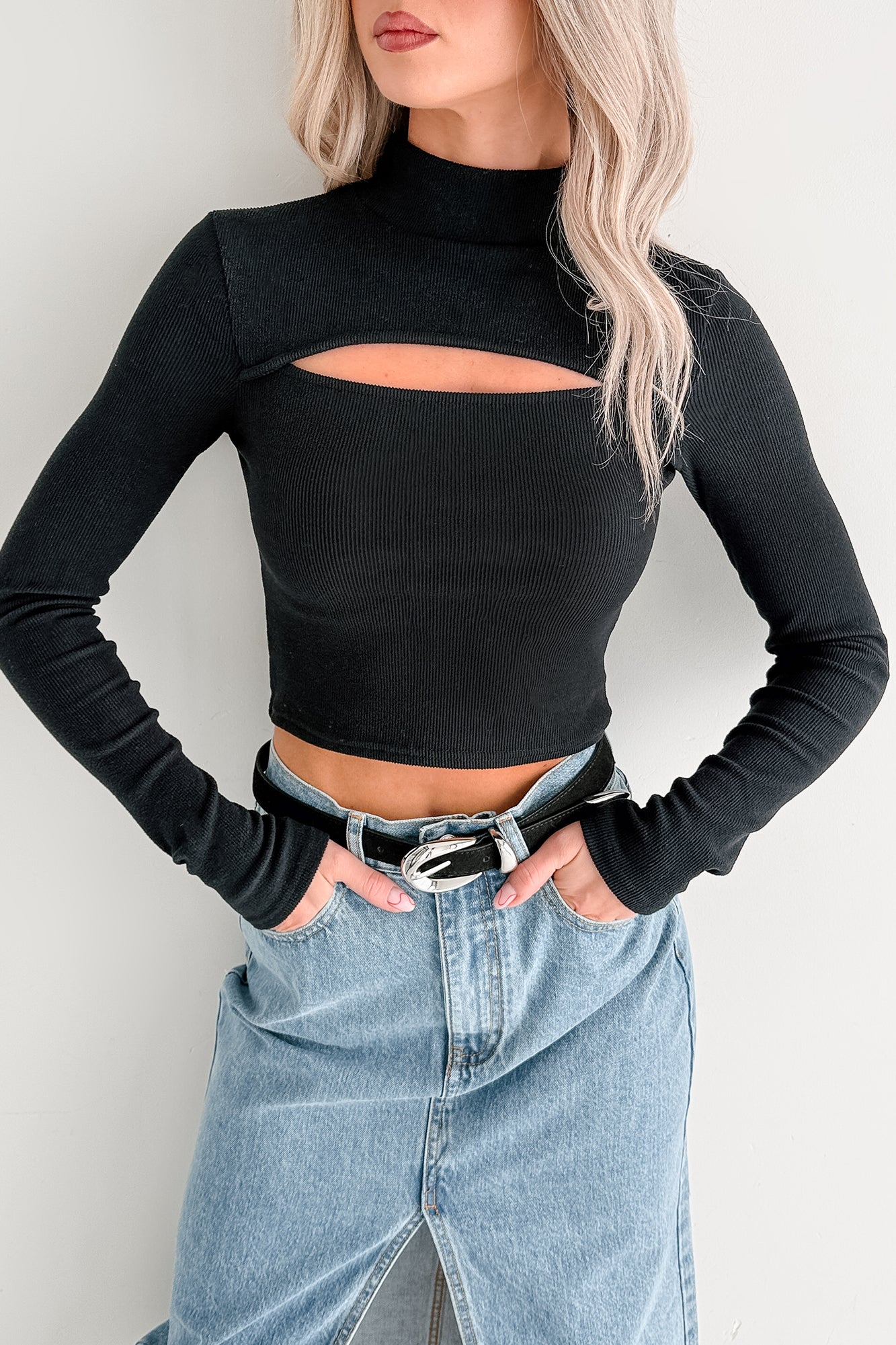 Leigh Long Sleeve Peekaboo Mock Neck Top (Black) · NanaMacs