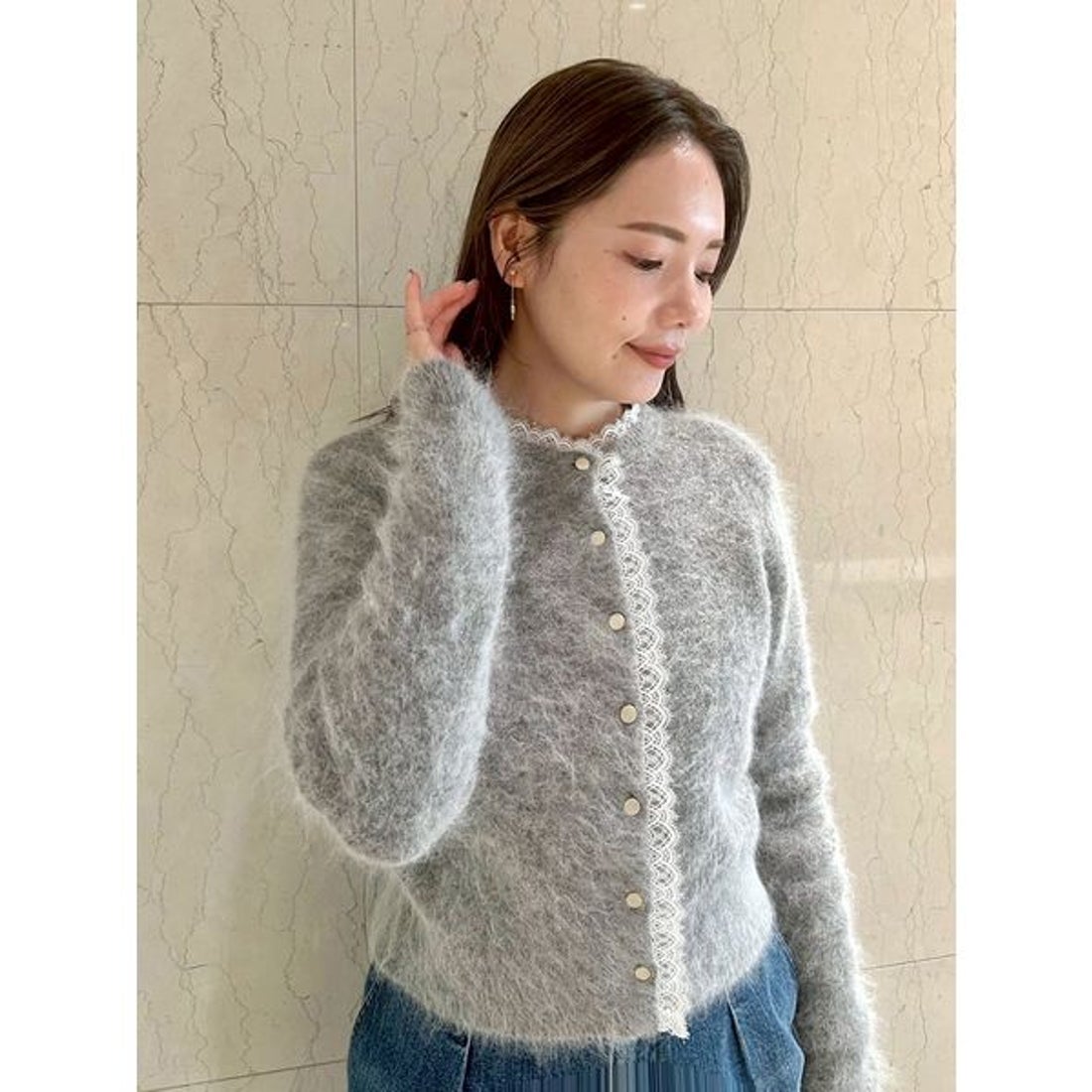 セルフォード CELFORD レーストリミングニットカーディガン （GRY