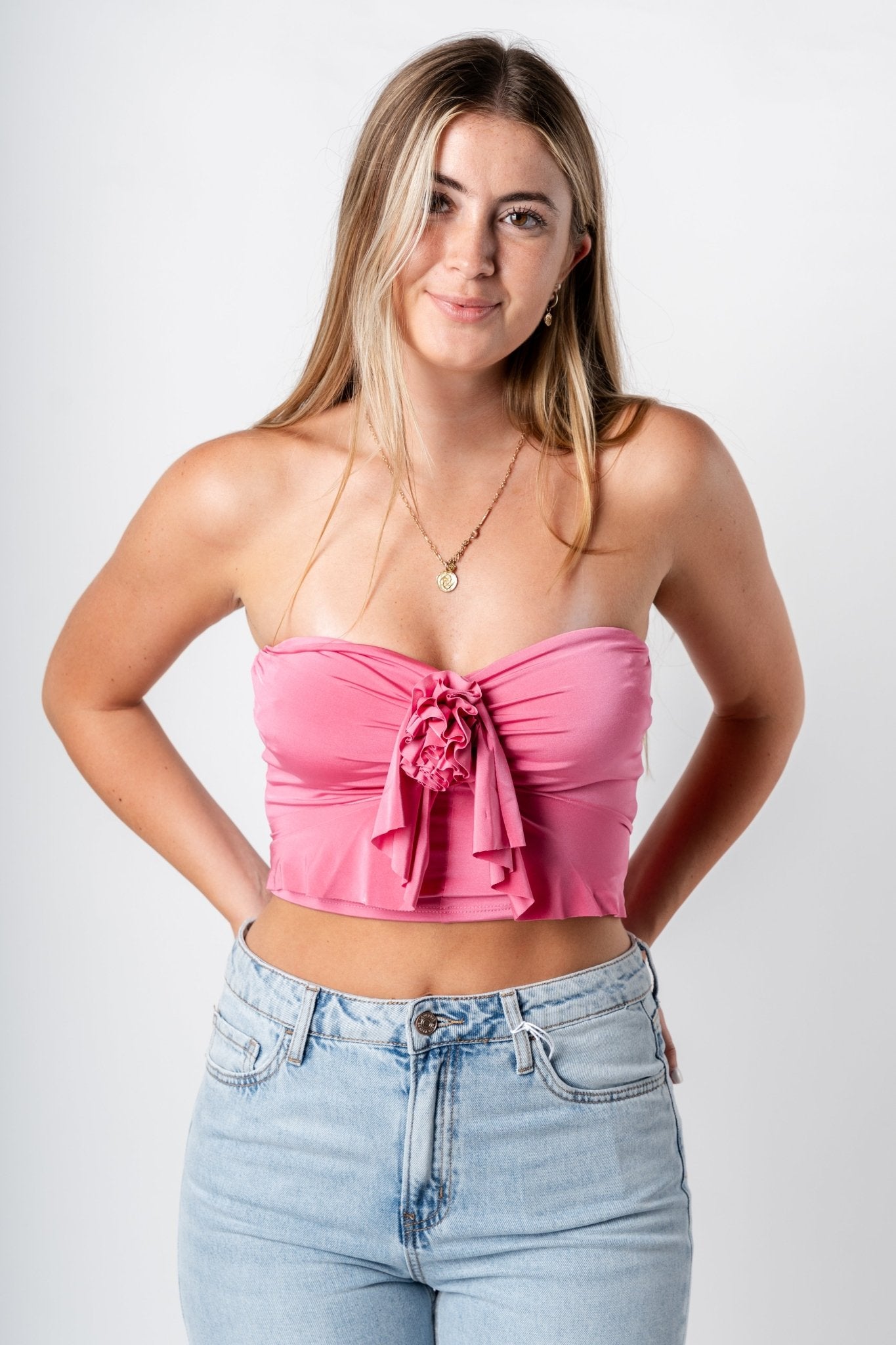 Rosette ruffle tube top candy pink | Trendy Tops - Lush Fashion Lounge