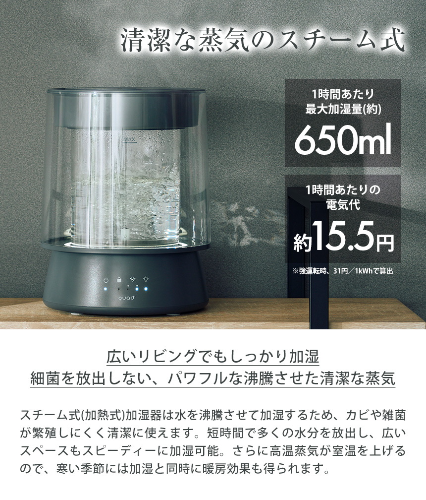 QUADS（クワッズ） 加湿器 ガラスポット スチーム式 GLASS グラス