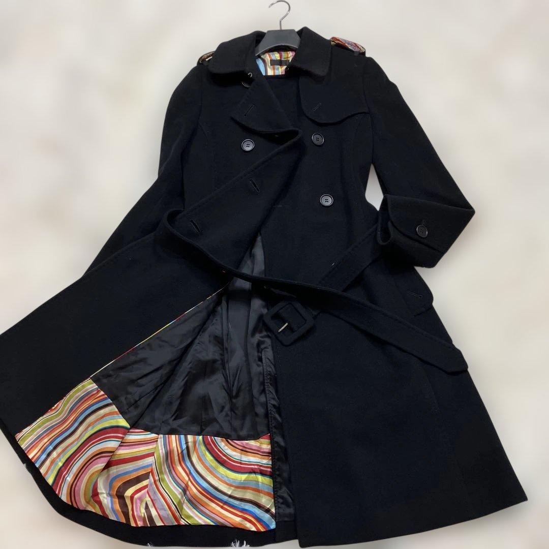 極美品ポールスミスブラック トレンチコートカシミヤ混 マルチストライプ 黒色 L 極美品】ポールスミス カシミヤ マルチストライプ トレンチコート 黒 L